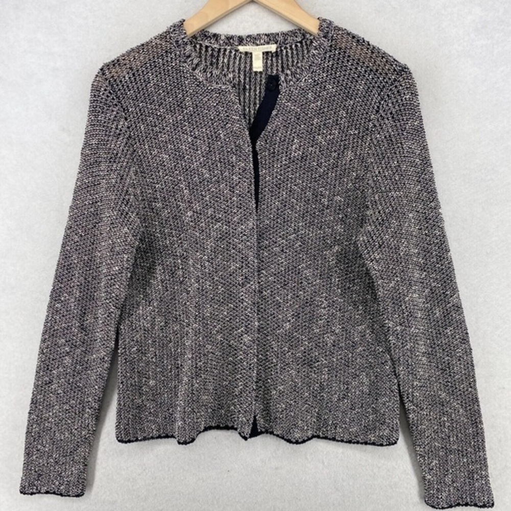 EILEEN FISHER Cardigan PS Organic Linen Cotton Grain Marled Snap Front Black